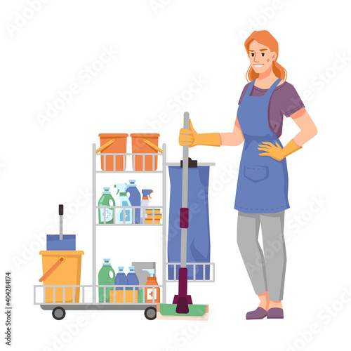 Cleaning company worker in uniform with trolley full of mops, detergents, buckets and cloths. Sanitary care and cleanliness of home, hotel or office. Isolated cartoon character, vector in flat style
