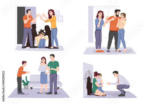 Domestic violence set, quarreling parents and child holding head, problem with teenagers, conflict between children and adults. Quarreling couple, father yelling daughter or son, conflict in family