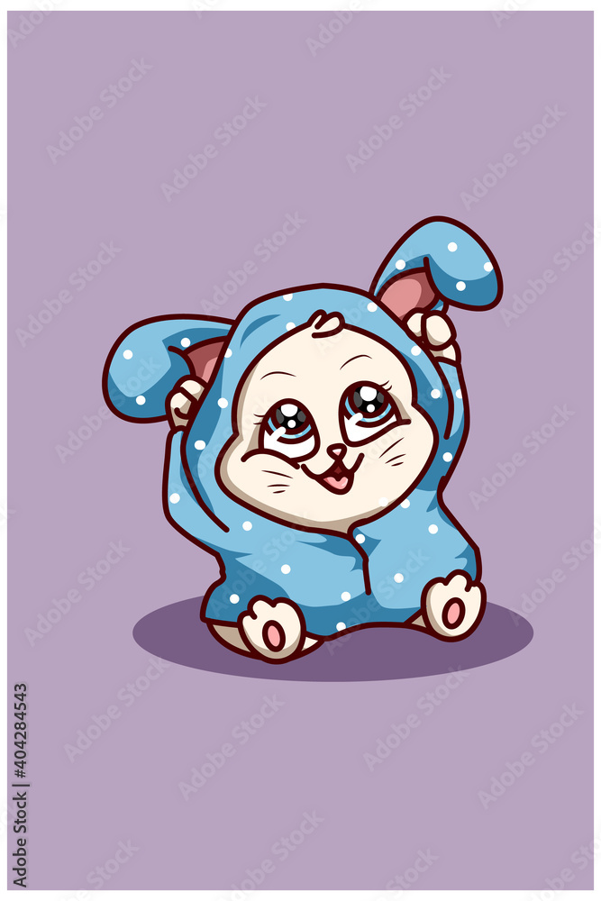 A small cat wearing blue rabbit jacket hoodie A small cat wearing blue rabbit jacket hoodie