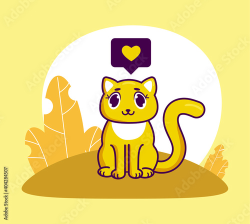 cute yellow cat with like flat design greeting card for valentine's day