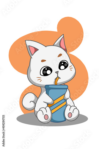 Illustration of white cat drinking soda bottles © wahyukris