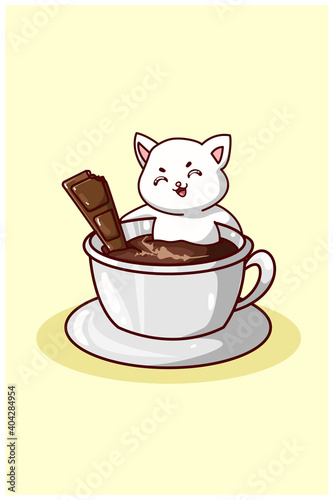 A cute cat swimming in coffee with chocolate
