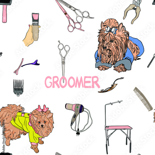 Seamless vector illustration of animals and pet care products. Animal grooming pattern, grooming, dog grooming tools