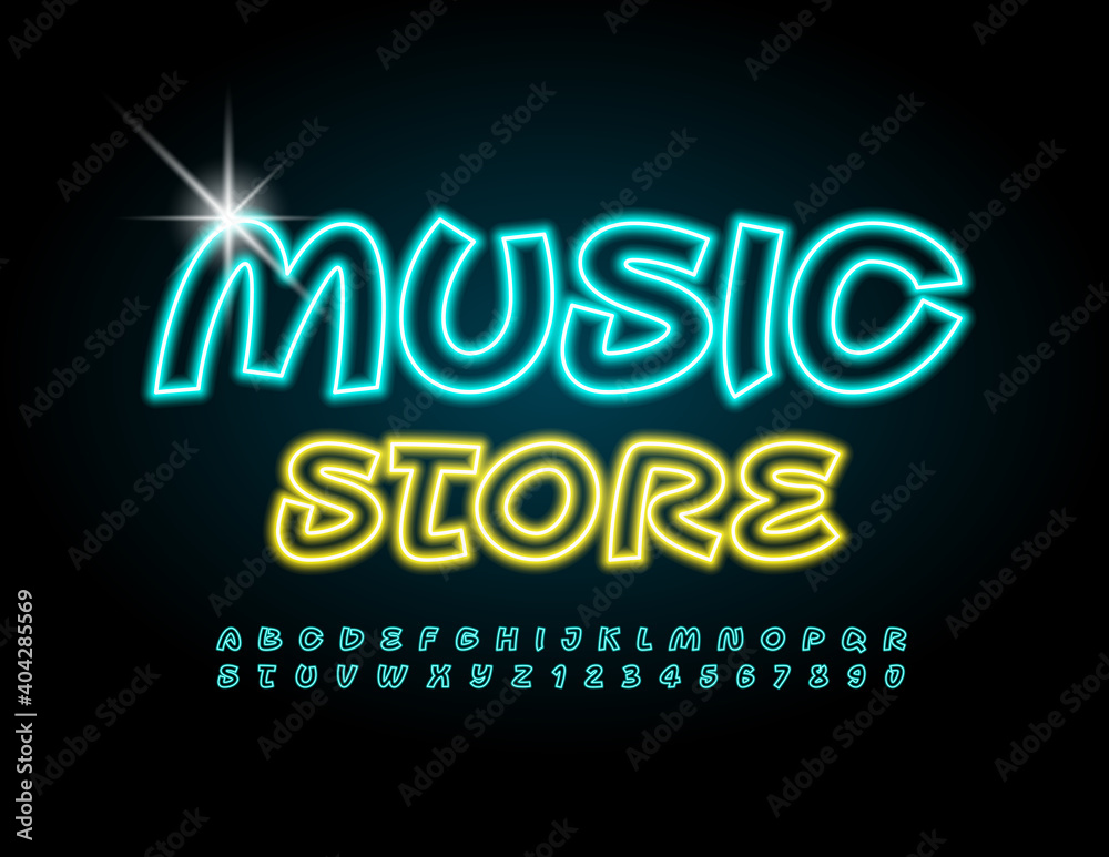 Vector modern logo Music Store. Creative glowing Font. Neon light Alphabet Letters and Numbers set