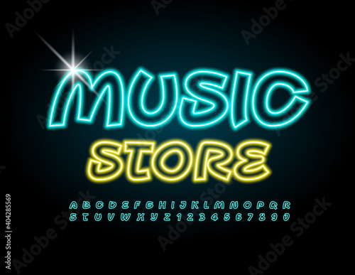 Vector modern logo Music Store. Creative glowing Font. Neon light Alphabet Letters and Numbers set