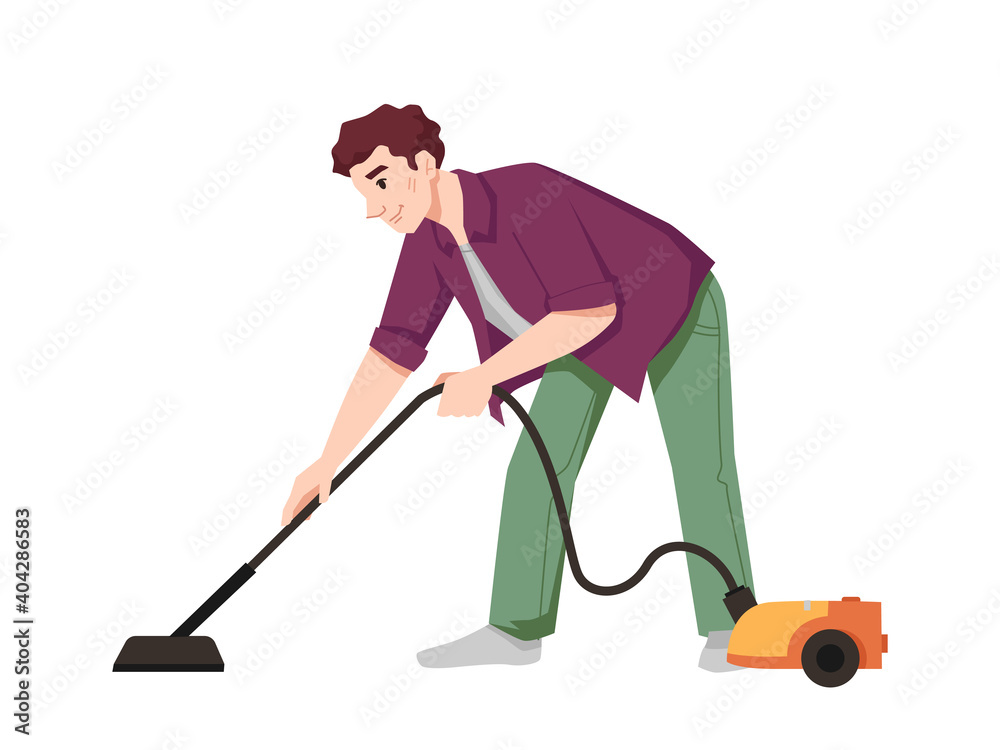 Guy vacuums flat with vacuum cleaner isolated flat cartoon character. Vector male doing housework chores, housekeeping and cleaning apartment. Husbands vacuuming house with hoover electric appliance Guy vacuums flat with vacuum cleaner isolated flat cartoon character. Vector male doing housework chores, housekeeping and cleaning apartment. Husbands vacuuming house with hoover electric appliance