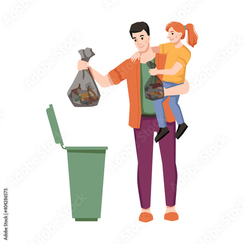 Father and daughter throw garbage in trash can isolated flat cartoon characters. Vector clean environment and nature, dustbin and sorting of wastes, preschool girl with dad throw litter into container