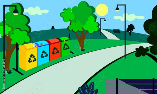 Contenedores de reciclaje y residuos en medio del parque