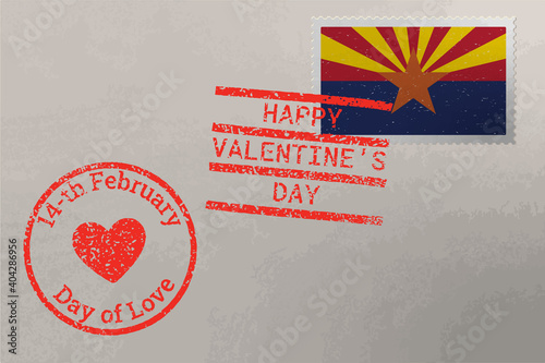 Postage stamp envelope with Arizona flag and Valentine s Day stamps, vector