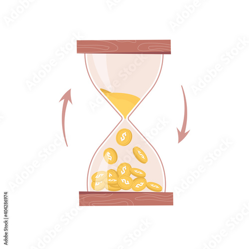 Hourglass, sand or time turns into money isolated business countdown flat cartoon icon. Vector time management, sandglass with coins of gold counting and measuring profit, flow of income