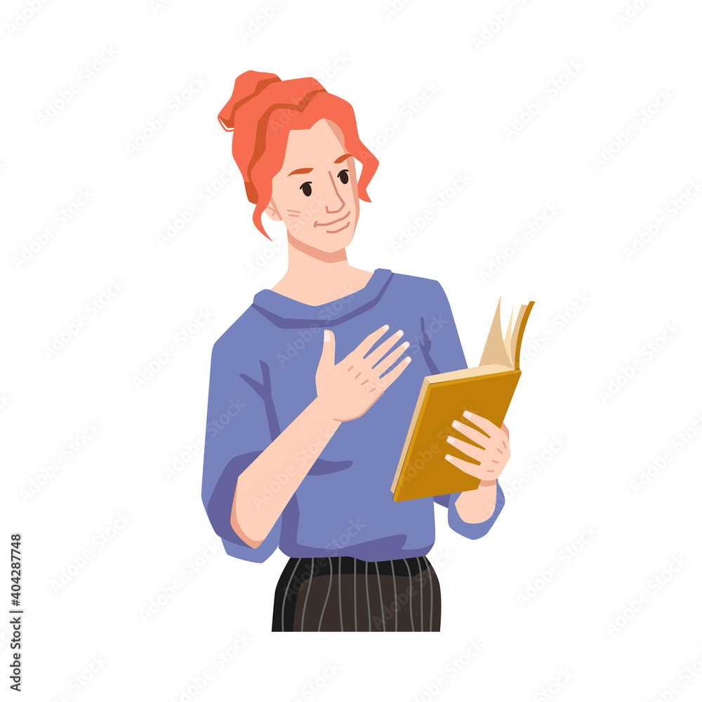 Girl empathizes reading book isolated woman flat cartoon character feeling with book, enjoying novel or poetry. Educated european or american lady with literature in hand, studying or leaning female