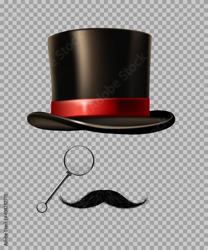 British gentleman vintage head elements set. Black tophat, glasses, moustache on transparent background. Realistic retro male fashion style vector illustration. Classis accessories