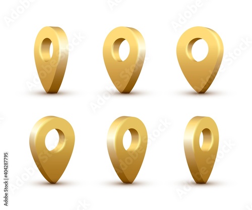 Shiny golden realistic map pins set. Vector 3d gold pointers isolated on white background. Location symbols in various angles