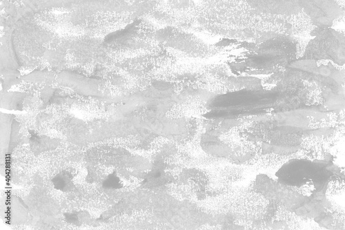 White ink and watercolor texture on white paper background. Paint leaks and decalcomania effects. Hand-painted gouache abstract image. Mess on the canvas.