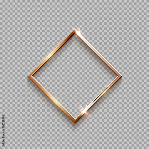 Golden rhombus frame for picture isolated on transparent background. Blank space for picture, painting, card or photo. 3d realistic modern template vector illustration. Simple gold object on wall