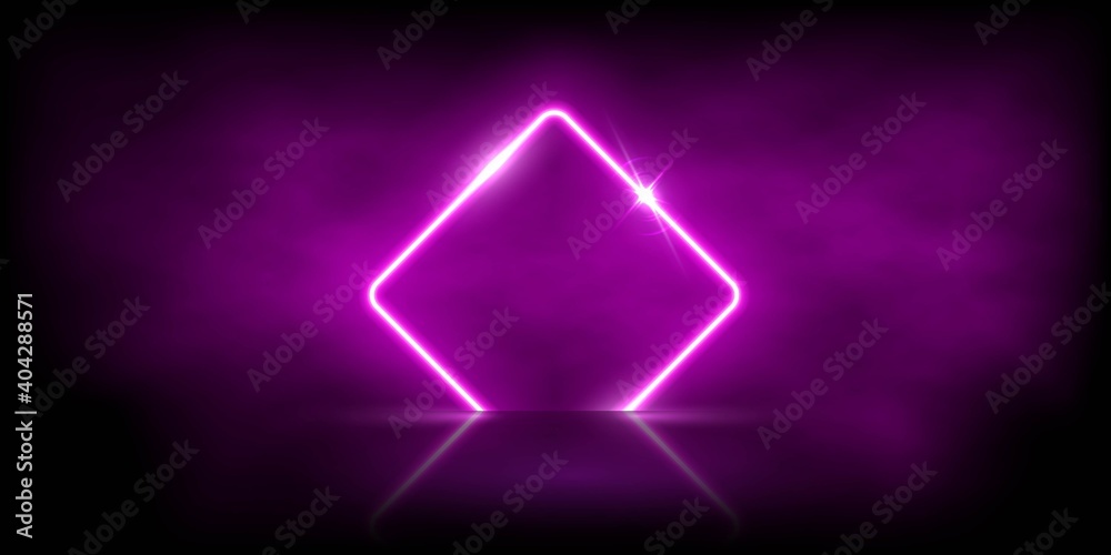 Glowing neon pink rhombus with sparkles in fog with mirror reflection. Abstract electric light frame on black background. Geometric fashion design vector illustration. Empty minimal art decoration Glowing neon pink rhombus with sparkles in fog with mirror reflection. Abstract electric light frame on black background. Geometric fashion design vector illustration. Empty minimal art decoration