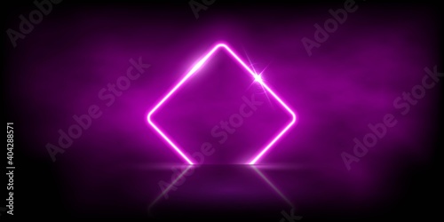 Glowing neon pink rhombus with sparkles in fog with mirror reflection. Abstract electric light frame on black background. Geometric fashion design vector illustration. Empty minimal art decoration