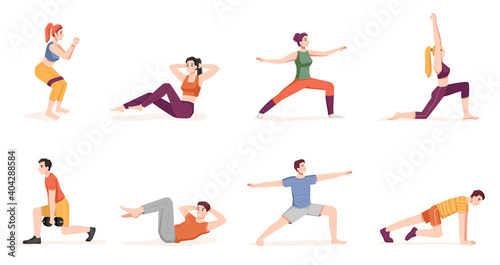 Fitness and pilates  strengthening of body and growing muscles. Isolated set of personages doing physical exercises. Workout and training  active lifestyle. Cartoon character  vector in flat style
