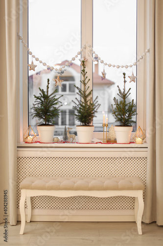 Small potted fir trees and Christmas decor on window sill indoors