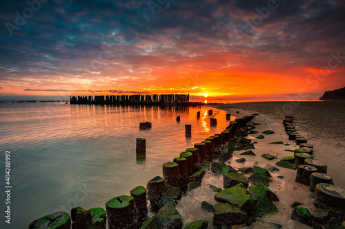 Sunrise over the beach at Baltic Sea in Babie Doly, Gdynia. Poland