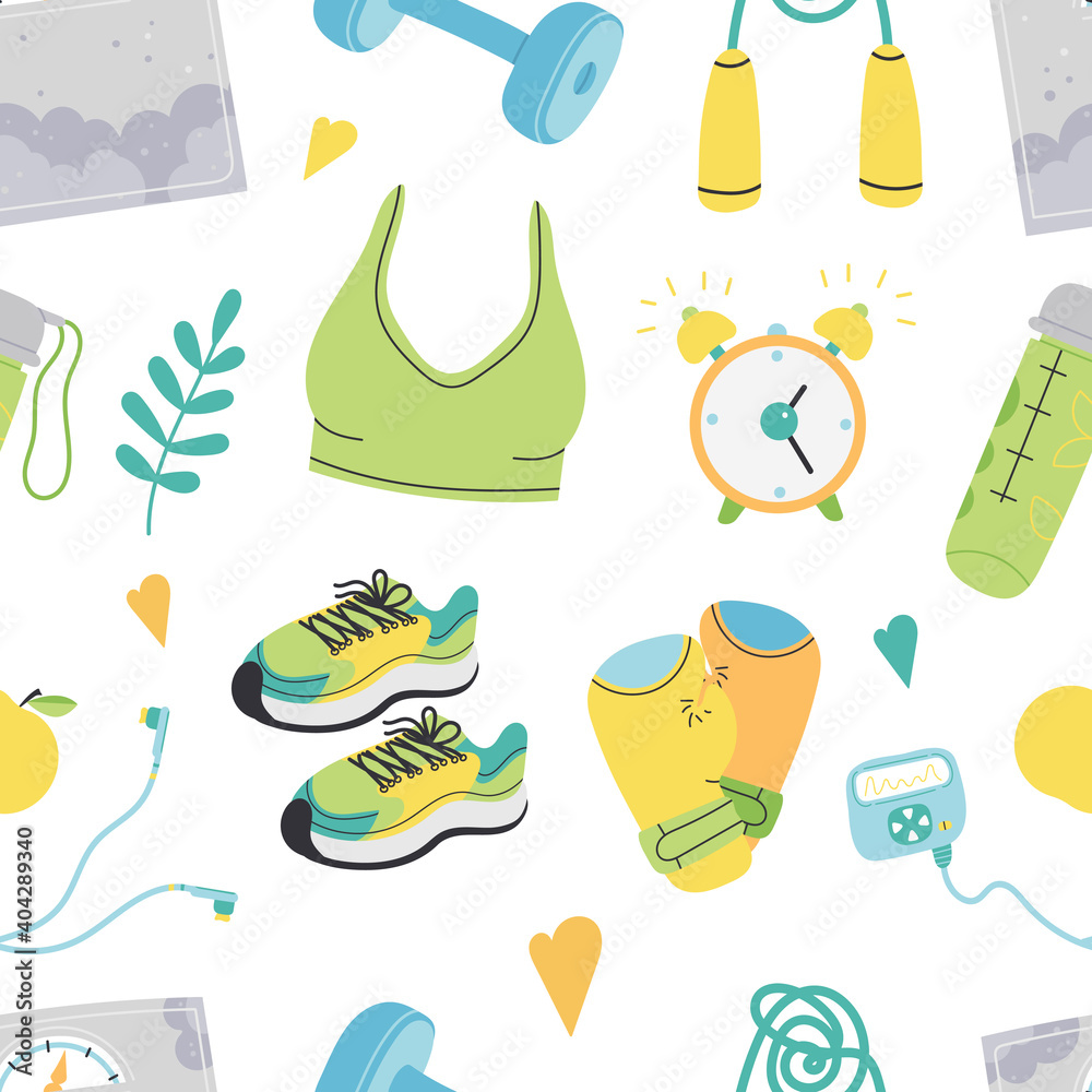 Naklejka premium Vector Seamless Pattern of Fitness Elements for Active Lifestyle.Flat Cartoon Sports Equipment,Training Accessories. Gym Woman Objects.Hand Drawn Workout Device for Design.Isolated on white background