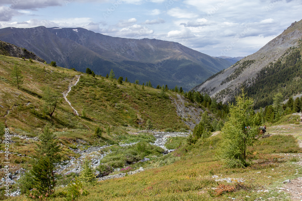 Rocky pass with scarce vegetation Karatyurek in the Altai mountains.
