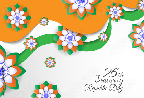 26 th January Indian Republic Day background design with flowers shape flag and Ashoka Chakra. Template for poster, flyer design.