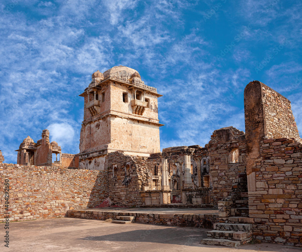 Ancient ruined Rana Kumbha Palace in Chittorgarh Fort, Rajasthan state of India