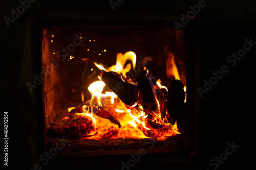 Fire in the stove, wood, sparks, on a black background