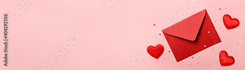 Valentines day banner. Red envelope and hearts on pink background. Romantic concept