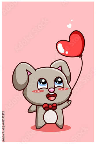 Funny and kawaii rabbit with heart ballon in the valentine  cartoon illustration