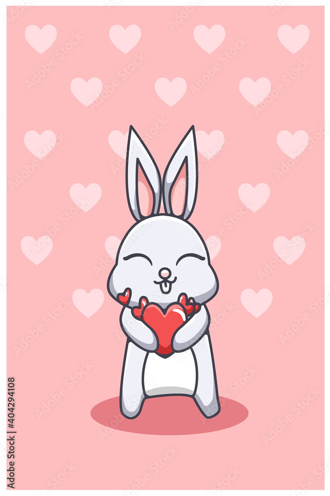 Kawaii and happy rabbit carry a big hearts valentine cartoon illustration