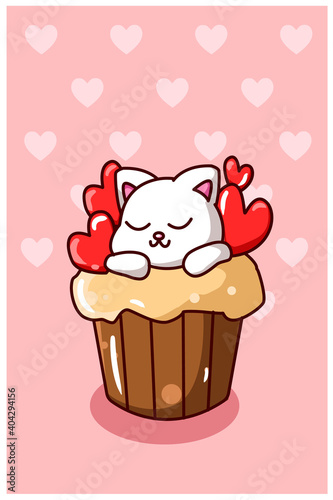 Kawaii cat on the cupcake with small hearts cartoon illustration