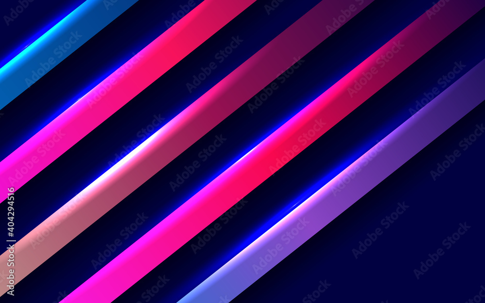 Obraz premium Stylight neon light effect blue colors. Halogen led light lamps elements for night party game design. Colorful glowing lines on dark blue background. Color vector illustration