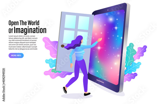 A woman opens the door with a galaxy view. Concept of space exploration and discovery. 