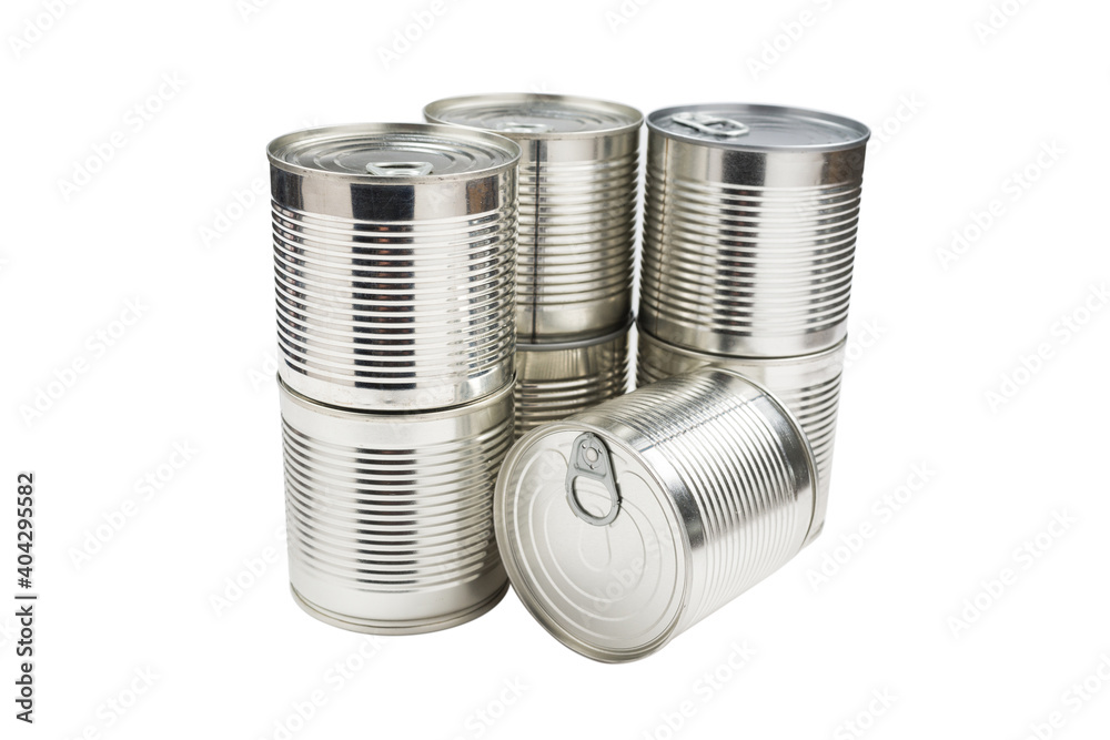 Group of silver canned food on white background. Group of silver canned food on white background.