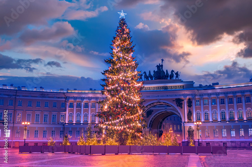 Saint Petersburg in a winter evening. Christmas holidays in Russia. Christmas decorations on palace square. New Year panorama of Saint Petersburg. Christmas tree in Russia. Travel to Saint Petersburg photo