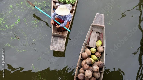 Aerial view famous floating market at Ratchaburi, in Thailand,  Damnoen Saduak floating market,