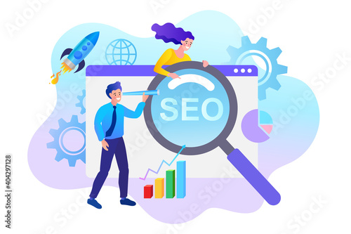 Searching Engine Optimizing SEO Browsing Concept. People team work together on seo. Flat isometric vector illustration.