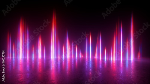 3d render, abstract neon background with red pink laser rays glowing in the dark. Vertical lines
