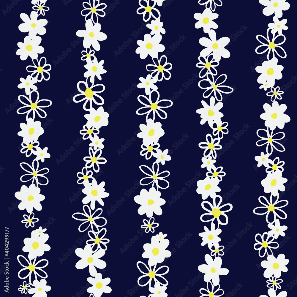 Gänseblümchen Zeichnung linear angeordnet Vektor Grafik nahtloses Muster mit dunkel blauem Hintergrund