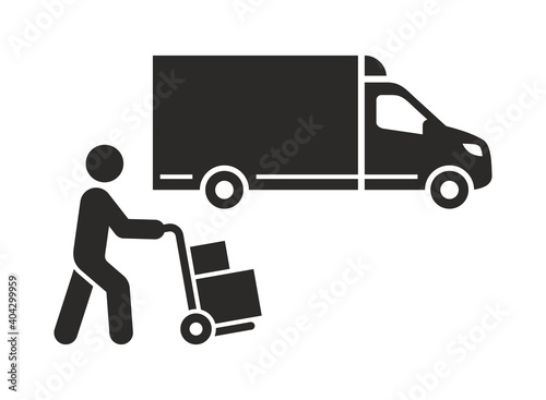 Delivery truck icon. Delivery guy pushing a hand truck with boxes. Vector icon isolated on white background.