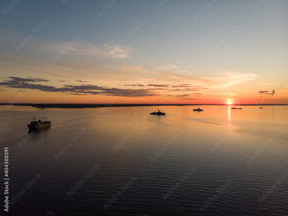 July, 2020 - Arkhangelsk. Warships at sunset. Russia, Arkhangelsk region