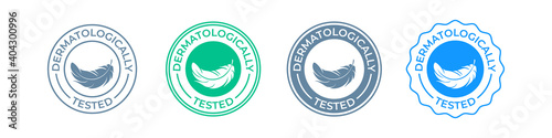 Dermatologically tested icon or label logo with feather, vector tags set for skin moisturizer and cosmetics. Clinically approved hypoallergenic and dermatology test certified stamp