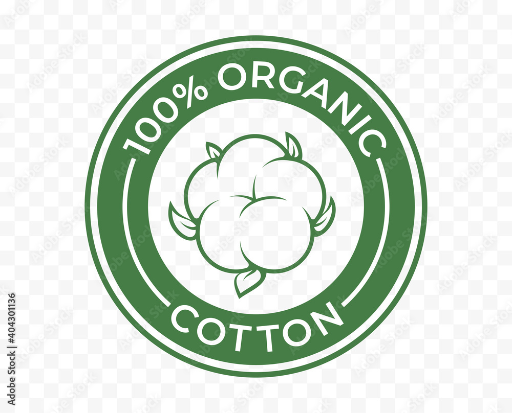 Organic cotton icon, 100 natural bio and eco product vector logo. 100  percent organic cotton tag for textile clothes, green vegan cosmetics and  sanitary pads or cosmetic ingredients Stock Vector
