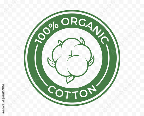 Organic cotton icon, 100 natural bio and eco product vector logo. 100percent organic cotton tag for textile clothes, green vegan cosmetics andsanitary pads or cosmetic ingredients Векторный объект Stock