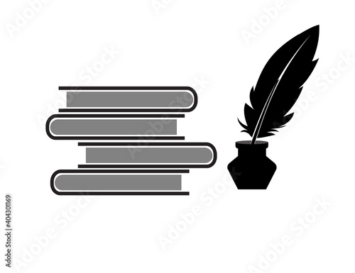 Books and a fountain pen in an inkwell. Library, school. Vector image.