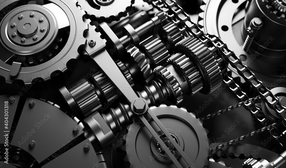 Fotografie Gears and cogs mechanism. Industrial machine, engine