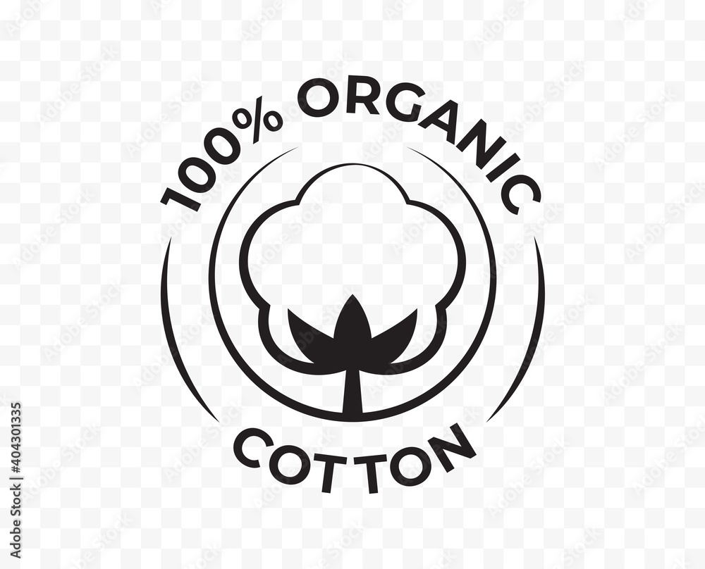 Cotton 100 organic icon, bio and eco natural product certificate logo,vector cotton flower stamp Векторный объект Stock