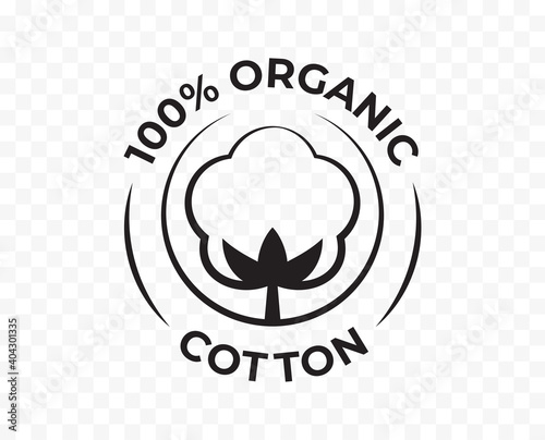 Cotton 100 organic icon, bio and eco natural product certificate logo, vector cotton flower stamp